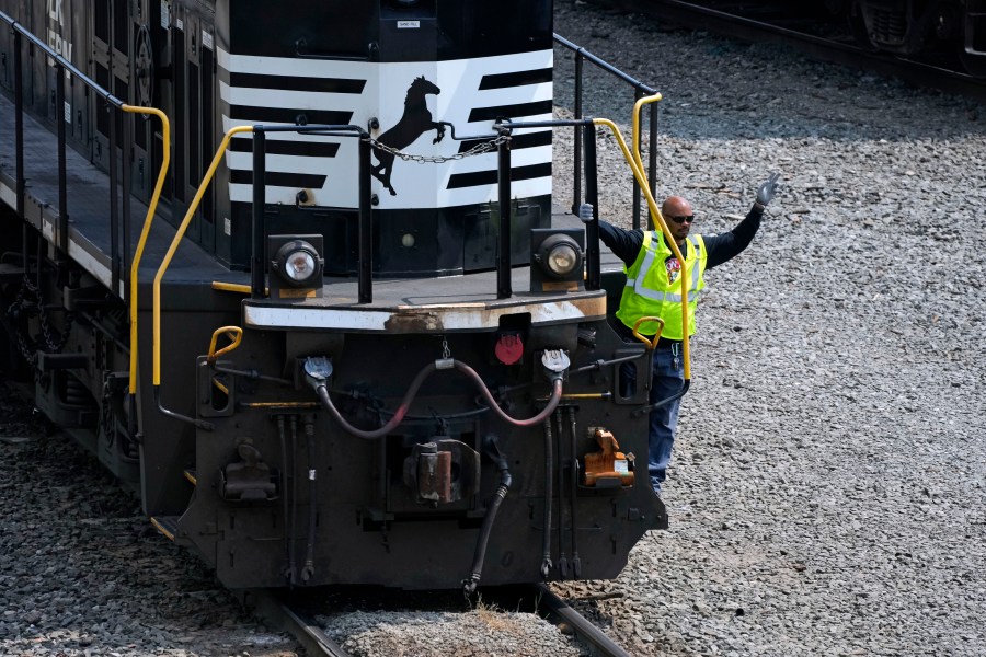 FILE - Norfolk Southern locomotives are moved through the Conway Terminal in Conway, Pa., June 17, 2023. Norfolk Southern reports earnings on Thursday, July 25, 2024. (AP Photo/Gene J. Puskar, File)