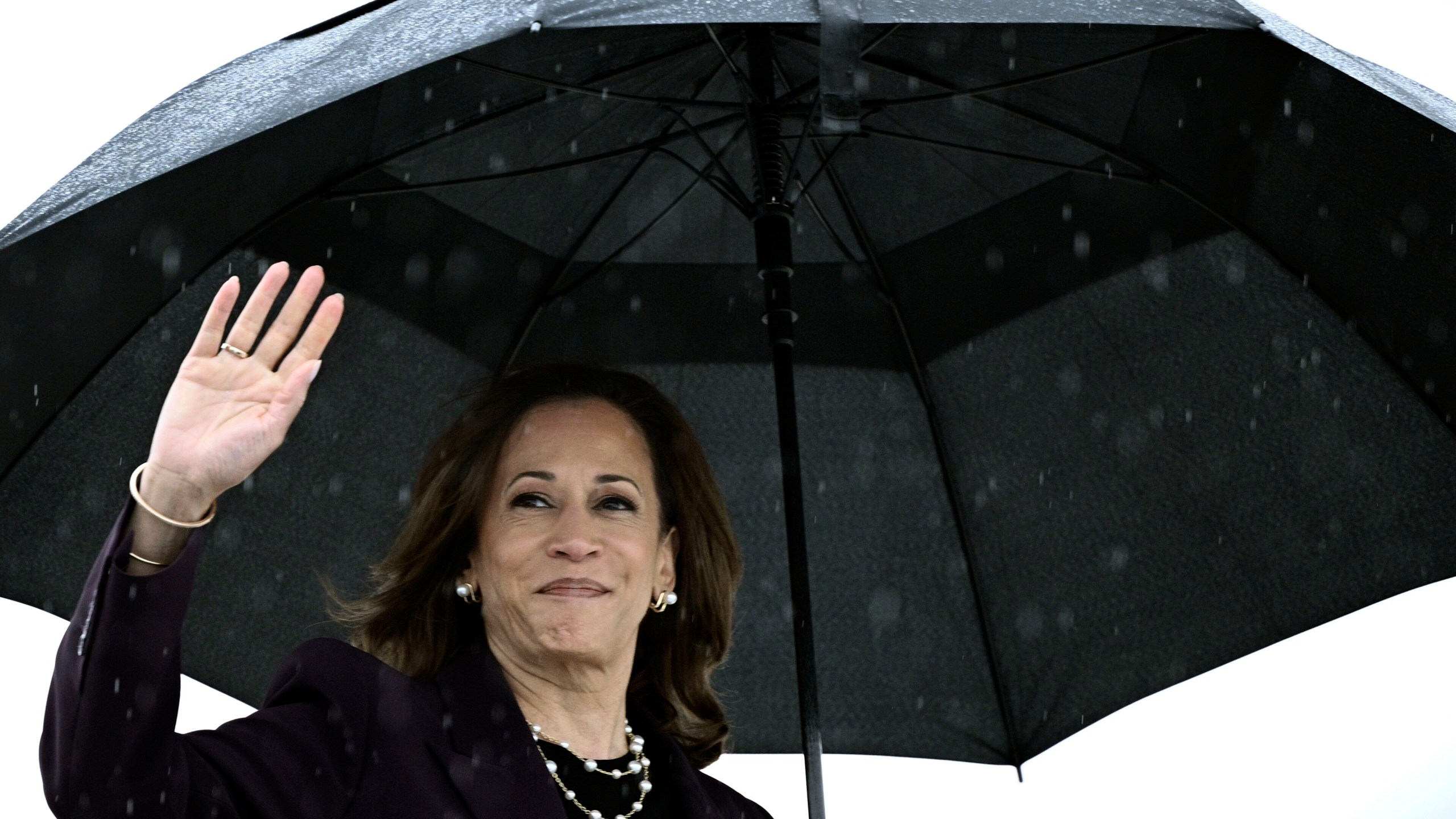 Vice President Kamala Harris boards Air Force Two as she departs from Ellington Airport in Houston, Thursday, July 25, 2024. Harris is returning to Washington, after delivering remarks at a teachers' union event. (Brendan Smialowski/Pool via AP)