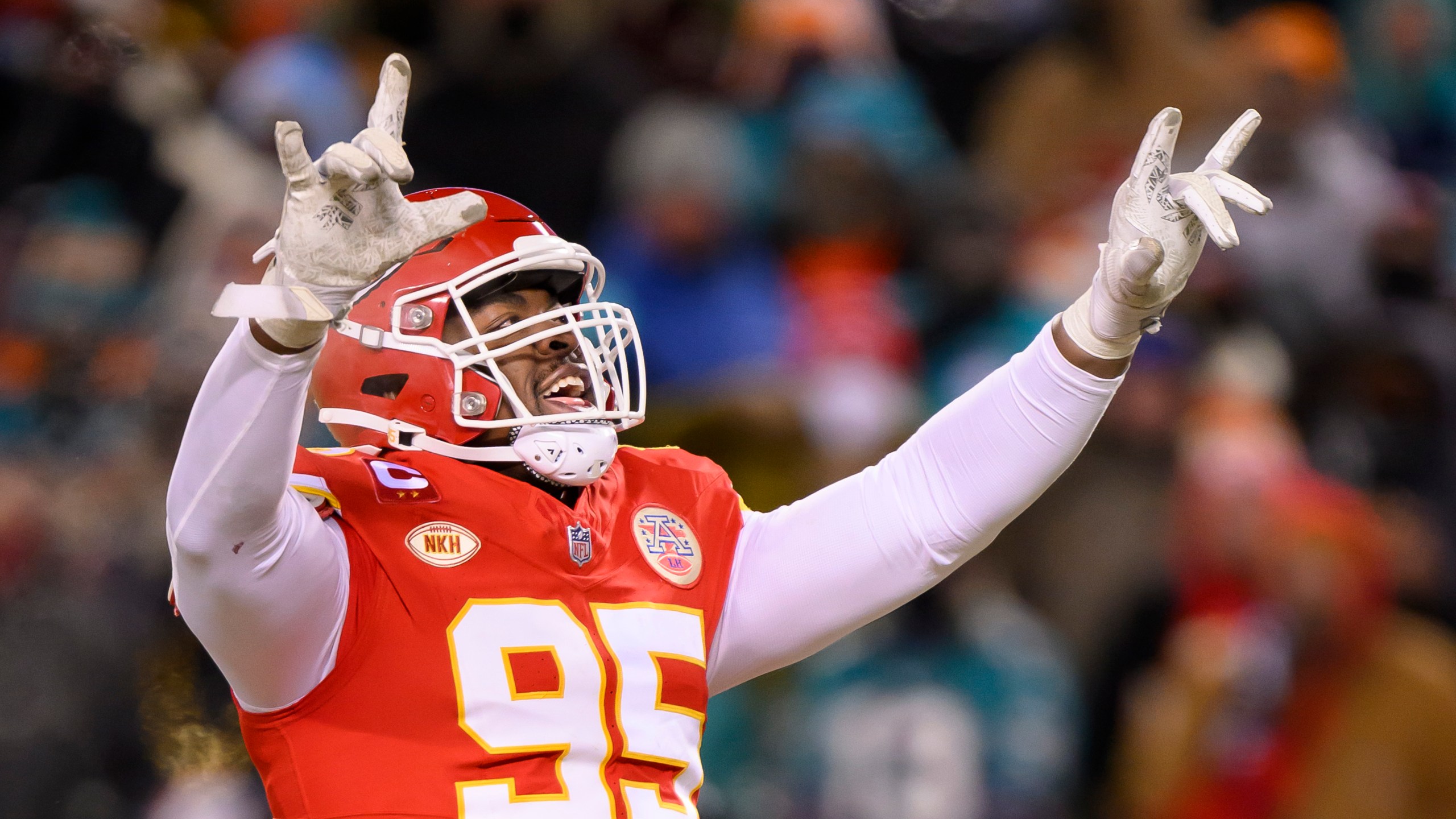 FILE - Kansas City Chiefs defensive tackle Chris Jones celebrates a sack against the Miami Dolphins during the second half of an NFL wild-card playoff football game, Saturday, Jan. 13, 2024 in Kansas City, Mo. (AP Photo/Reed Hoffmann, File)