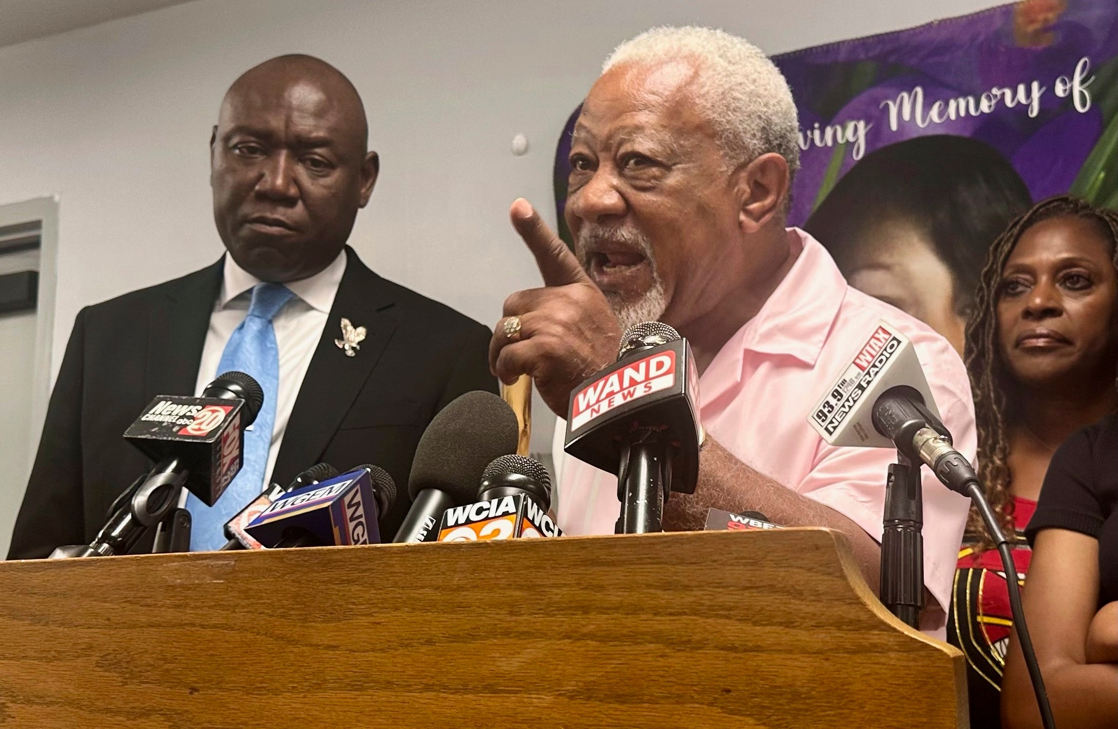 James Wilburn, father of Sonya Massey, speaks to reporters in Springfield, Ill. on Monday, July 22, 2024. A former Sangamon County sheriff's deputy has been charged with murder after shooting Massey inside her home while responding to a 911 call on July 6. (AP Photo/John O'Connor)