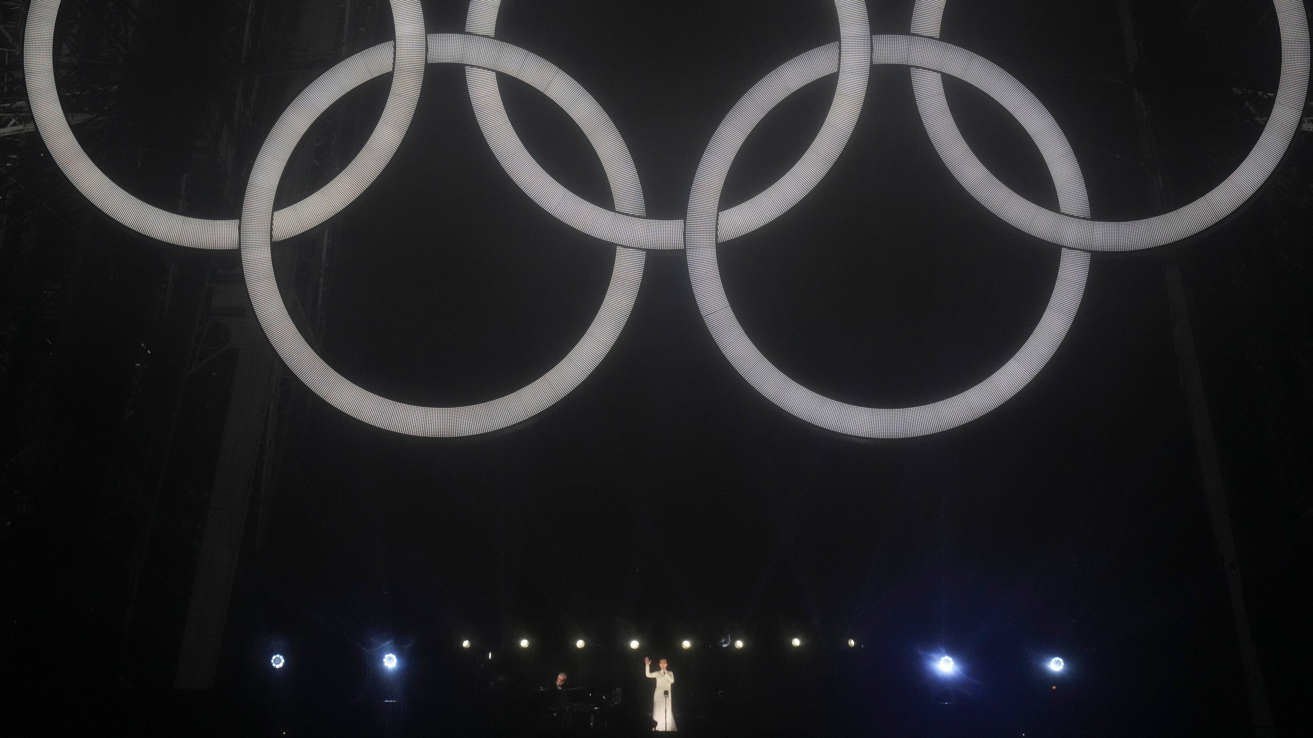 Celine Dion performs in Paris, France, during the opening ceremony of the 2024 Summer Olympics, Friday, July 26, 2024. (AP Photo/Thibault Camus)