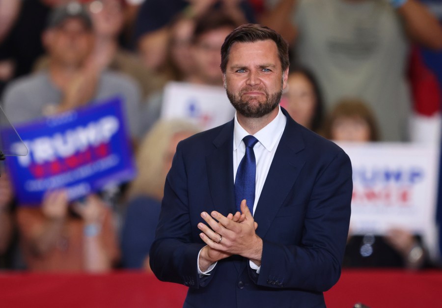 Republican vice presidential candidate Sen. JD Vance, R-Ohio, at a campaign rally, Saturday, July 27, 2024, in St. Cloud, Minn. (AP Photo/Adam Bettcher)