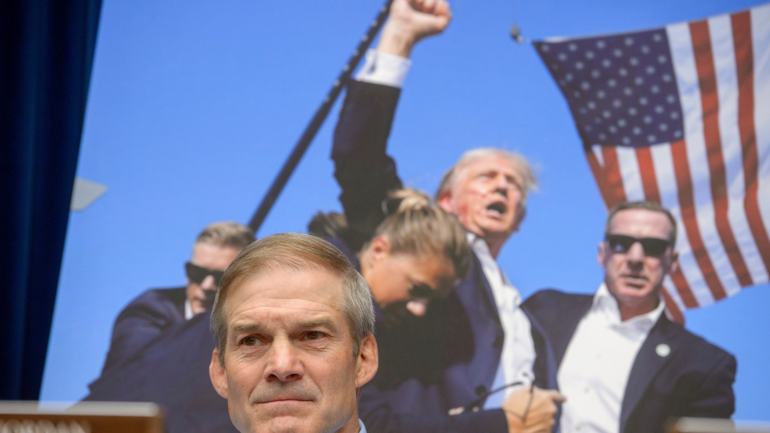 Rep. Jim Jordan, R-Ohio, listens as U.S. Secret Service Director Kimberly Cheatle testifies before the House Oversight and Accountability Committee about the attempted assassination of former President Donald Trump at a campaign event in Pennsylvania, at the Capitol in Washington, Monday, July 22, 2024. (AP Photo/Rod Lamkey, Jr.)