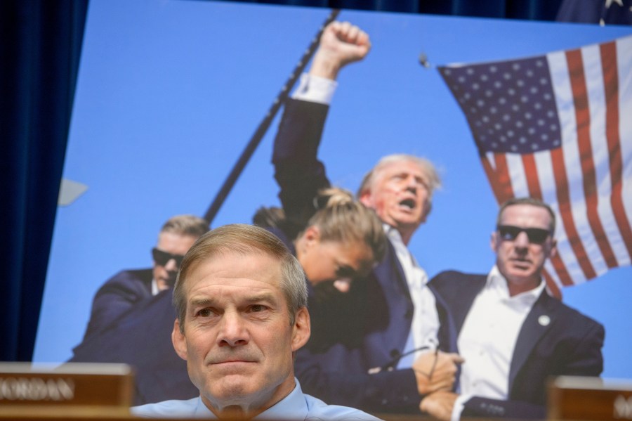 Rep. Jim Jordan, R-Ohio, listens as U.S. Secret Service Director Kimberly Cheatle testifies before the House Oversight and Accountability Committee about the attempted assassination of former President Donald Trump at a campaign event in Pennsylvania, at the Capitol in Washington, Monday, July 22, 2024. (AP Photo/Rod Lamkey, Jr.)