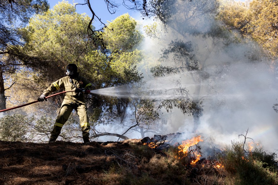 FILE - A firefighter struggles to extinguish a forest fire at Keratea area, southeast of Athens, Greece, Sunday, June 30, 2024. Authorities on Monday, July 29, ordered multiple evacuations due to a wildfire on the island of Evia in southern Greece, with conditions worsening after nightfall when firefighting planes and helicopters were unable to operate. (AP Photo/Yorgos Karahalis, File)