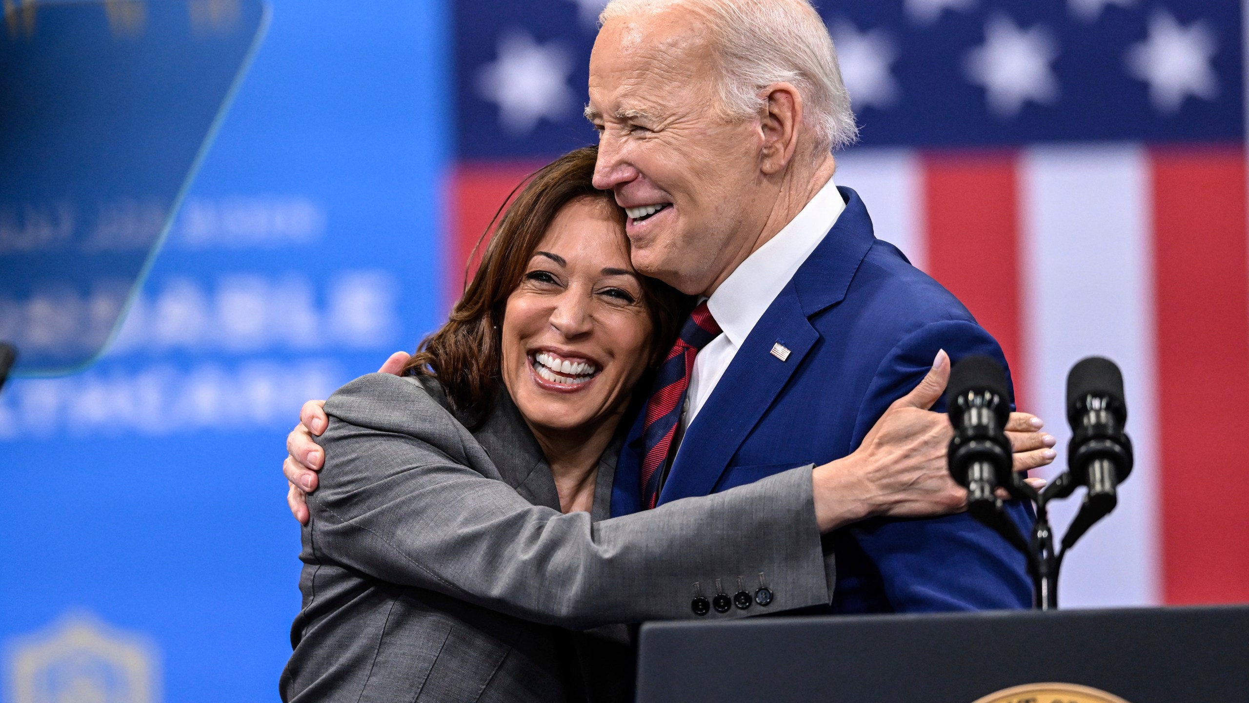 FILE - Vice President Kamala Harris embraces President Joe Biden after a speech on healthcare in Raleigh, N.C., March. 26, 2024. Much has changed about the 2024 presidential election in the United States. Now that President Joe Biden is out of the race, and Vice President Kamala Harris is in, Donald Trump is having to pivot his campaign to a new challenger. (AP Photo/Matt Kelley, File)