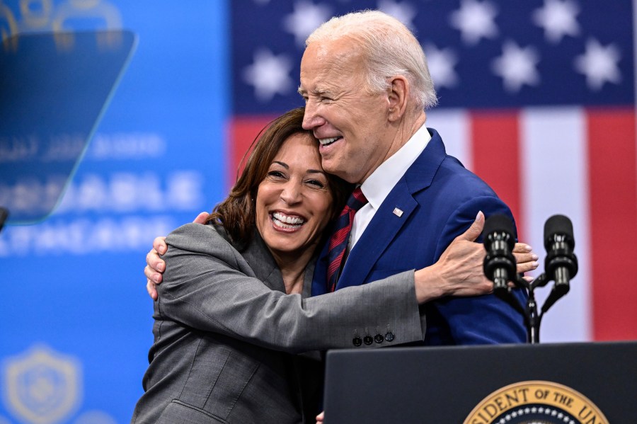 FILE - Vice President Kamala Harris embraces President Joe Biden after a speech on healthcare in Raleigh, N.C., March. 26, 2024. Much has changed about the 2024 presidential election in the United States. Now that President Joe Biden is out of the race, and Vice President Kamala Harris is in, Donald Trump is having to pivot his campaign to a new challenger. (AP Photo/Matt Kelley, File)