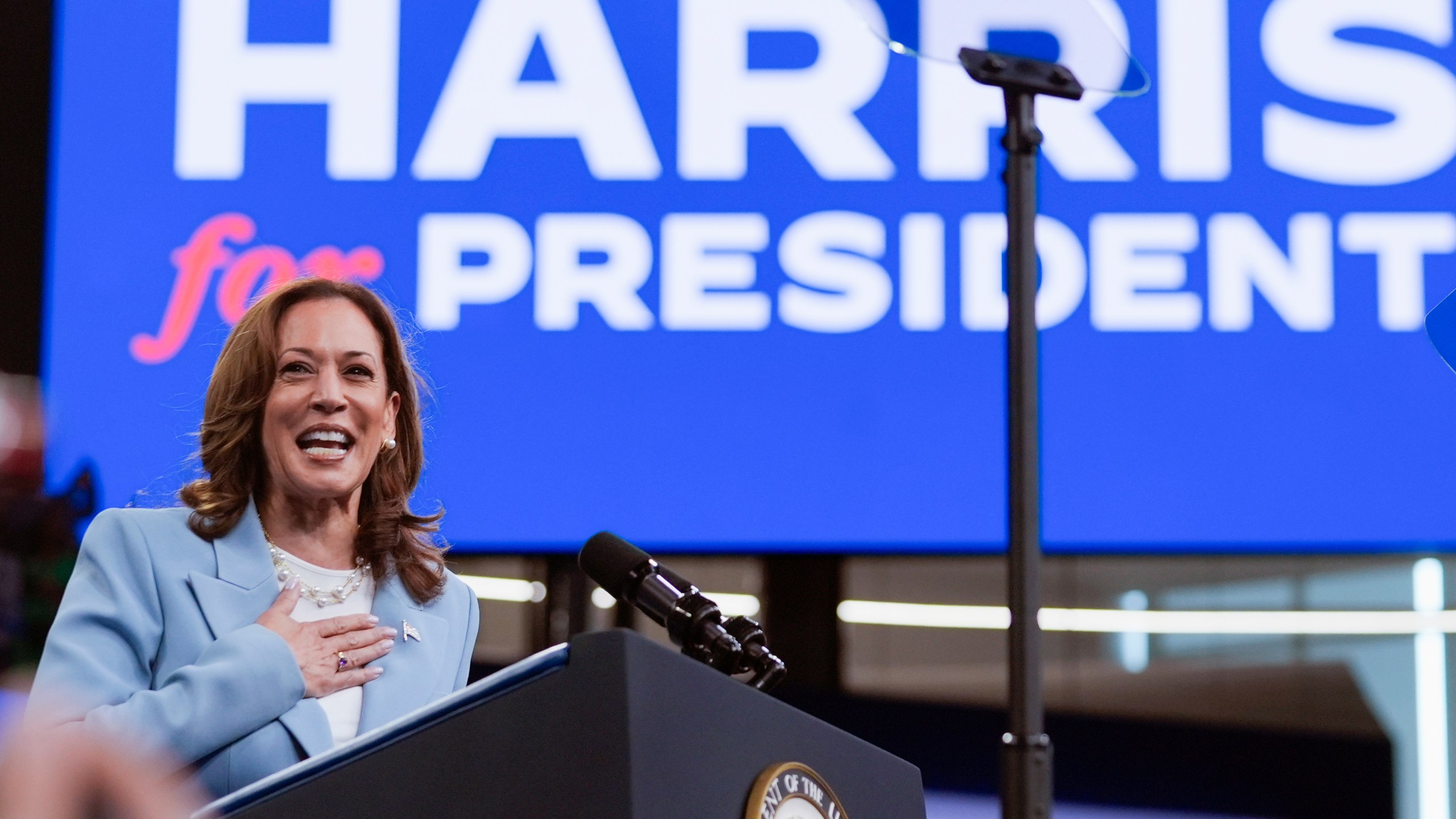 Vice President Kamala Harris speaks during a campaign rally, Tuesday, July 30, 2024, in Atlanta. (AP Photo/John Bazemore)