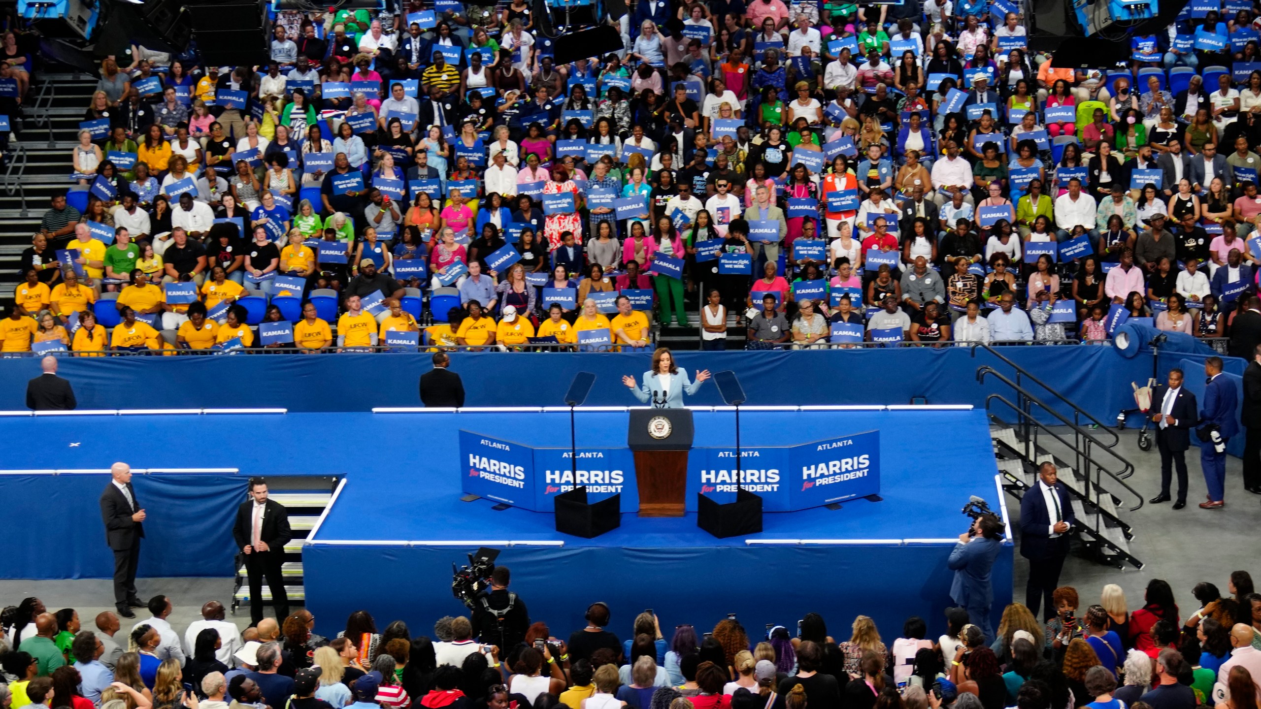 Vice President Kamala Harris speaks during a campaign rally, Tuesday, July 30, 2024, in Atlanta. (AP Photo/John Bazemore)