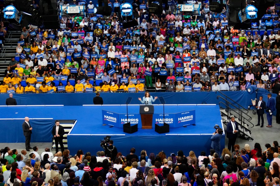 Vice President Kamala Harris speaks during a campaign rally, Tuesday, July 30, 2024, in Atlanta. (AP Photo/John Bazemore)