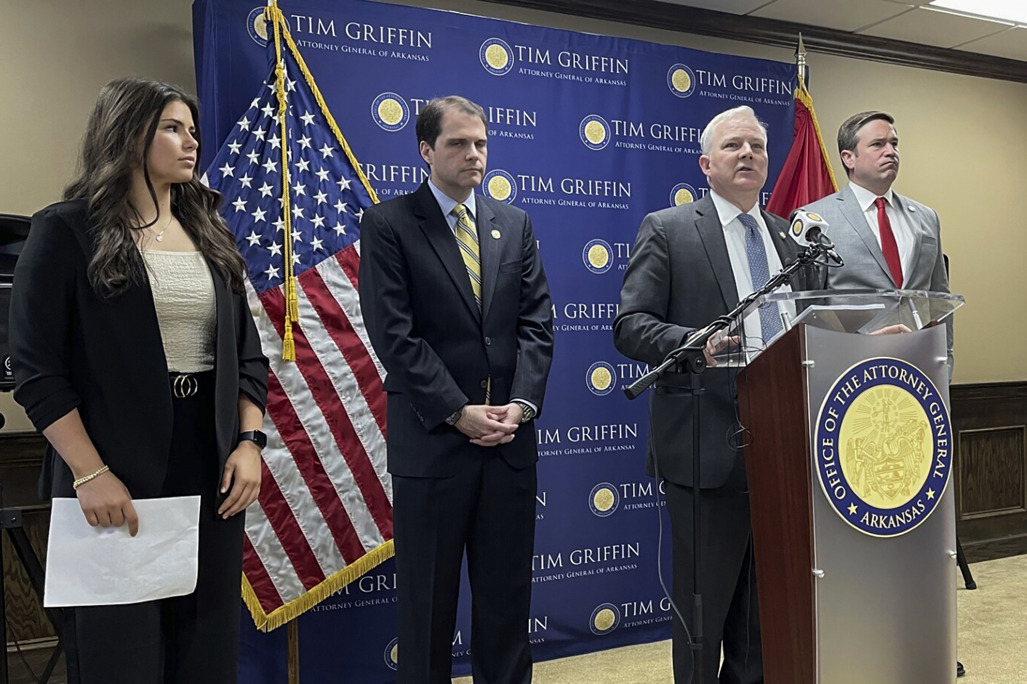 FILE - Arkansas Attorney General Tim Griffin talks about a lawsuit challenging a new regulation aimed at protecting the rights of transgender students in schools during a news conference in Little Rock, Ark., May 7, 2024. Courts have blocked the federal government from enforcing the rule in more than 20 states. (AP Photo/Andrew DeMillo, File)