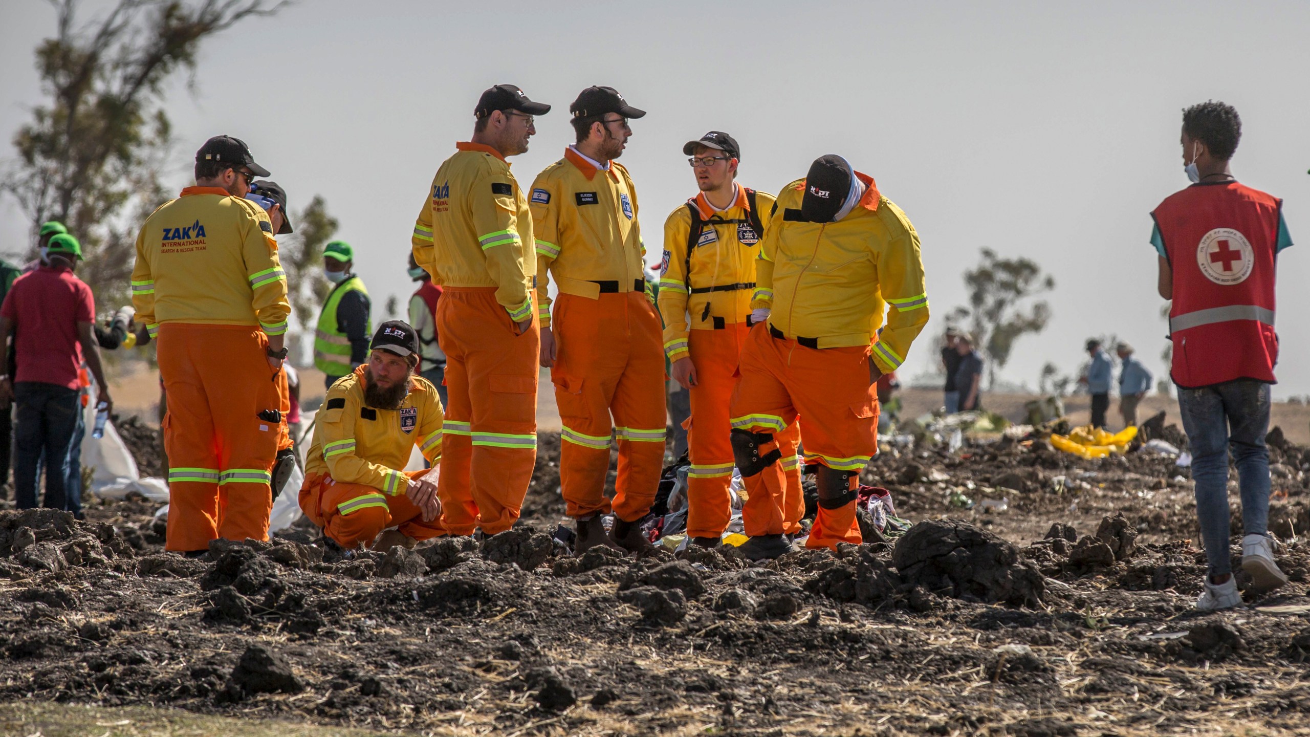 FILE - Investigators from Israel examine wreckage on March 12, 2019 at the scene of the Ethiopian Airlines Boeing 737 Max 8 crash near Bishoftu, or Debre Zeit, south of Addis Ababa, in Ethiopia. Families of people killed in the 737 Max crashes formally asked a federal judge in Texas to reject Boeing's plea deal with the Justice Department. (AP Photo/Mulugeta Ayene, File)