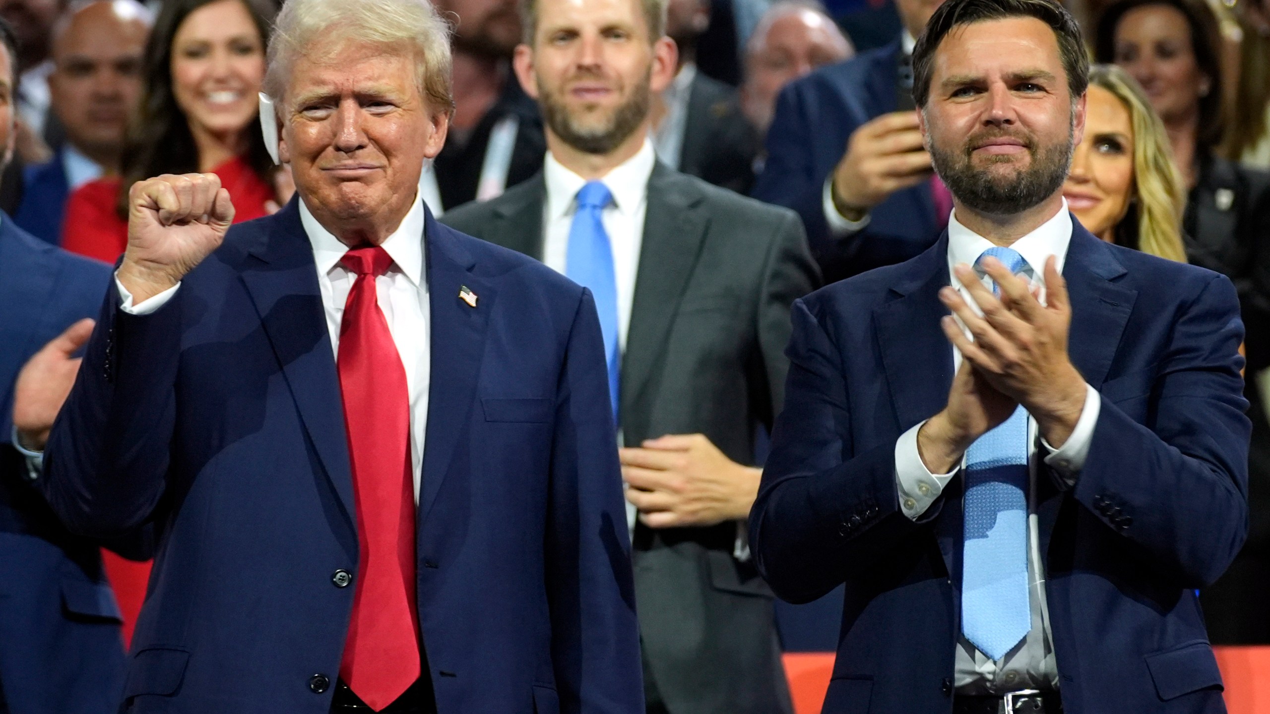 FILE - Republican presidential candidate former President Donald Trump, left, and Republican vice presidential candidate Sen. JD Vance, R-Ohio, attend the Republican National Convention, July 15, 2024, in Milwaukee. Vice President Kamala Harris and her Democratic allies are increasingly branding Trump and Vance as "weird." Democrats are applying the label with gusto in interviews and online. (AP Photo/Evan Vucci, File)