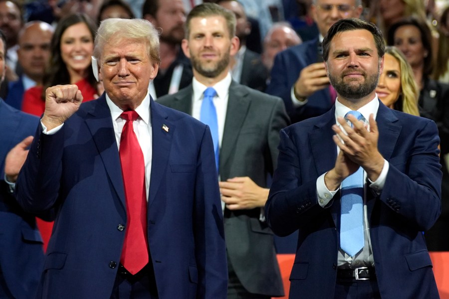 FILE - Republican presidential candidate former President Donald Trump, left, and Republican vice presidential candidate Sen. JD Vance, R-Ohio, attend the Republican National Convention, July 15, 2024, in Milwaukee. Vice President Kamala Harris and her Democratic allies are increasingly branding Trump and Vance as "weird." Democrats are applying the label with gusto in interviews and online. (AP Photo/Evan Vucci, File)