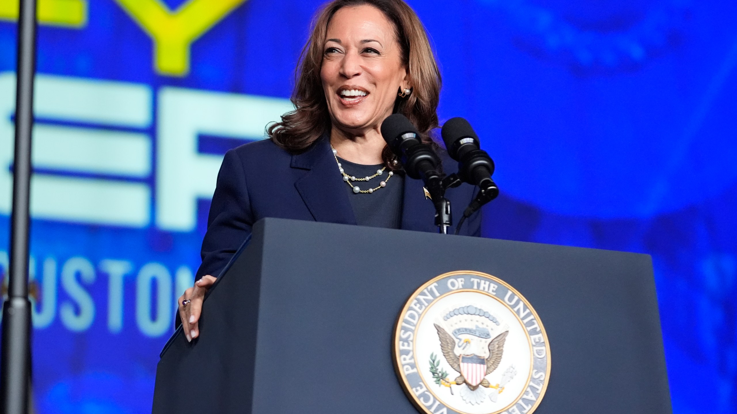 Vice President Kamala Harris delivers remarks at a Sigma Gamma Rho Sorority gathering in Houston, Wednesday, July 31, 2024, in Houston. (AP Photo/Mat Otero)