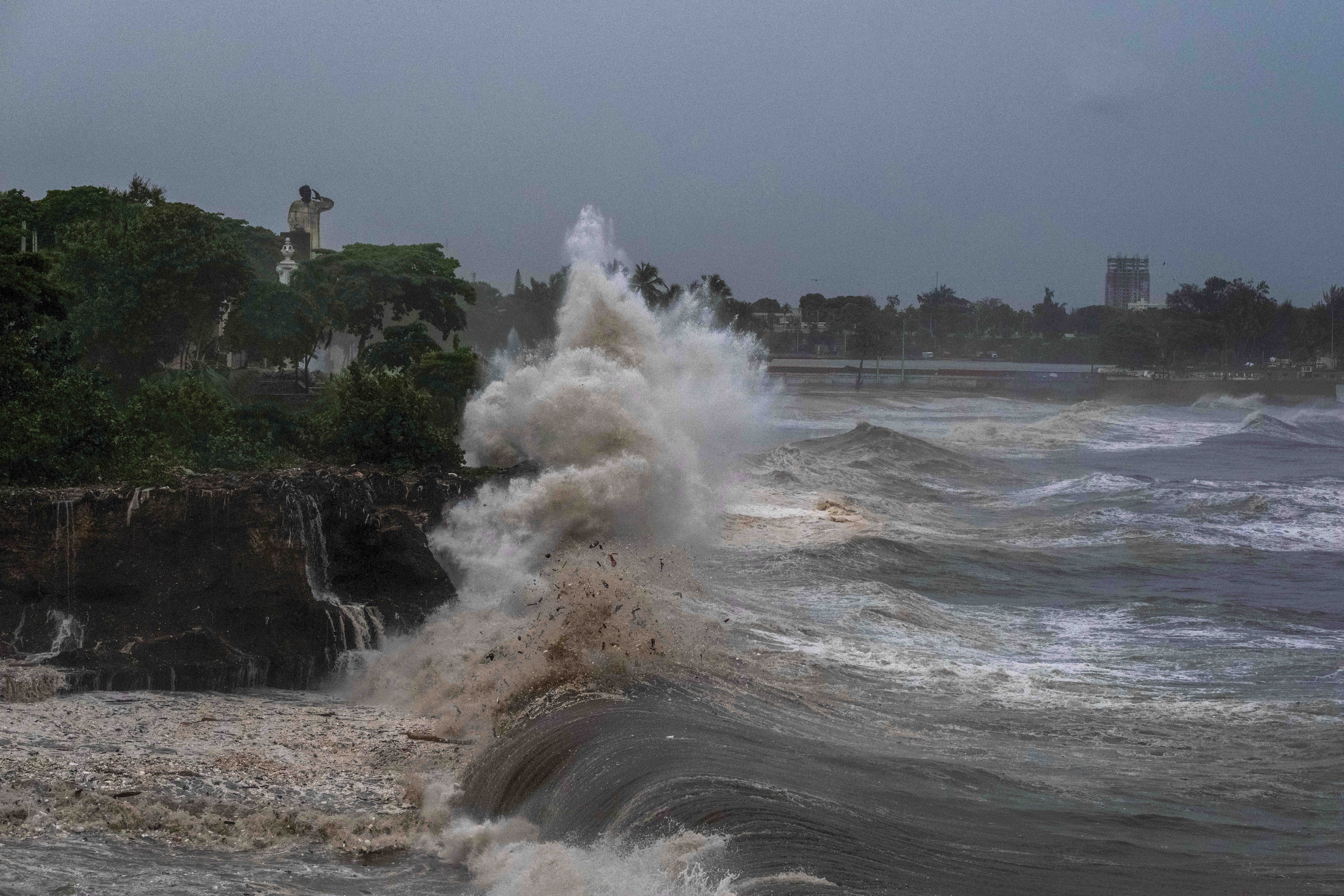 Waves from Hurricane Beryl hit the seawall in the Dominican Republic.