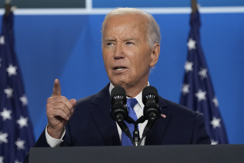 President Joe Biden speaks at a news conference following the NATO Summit in Washington.