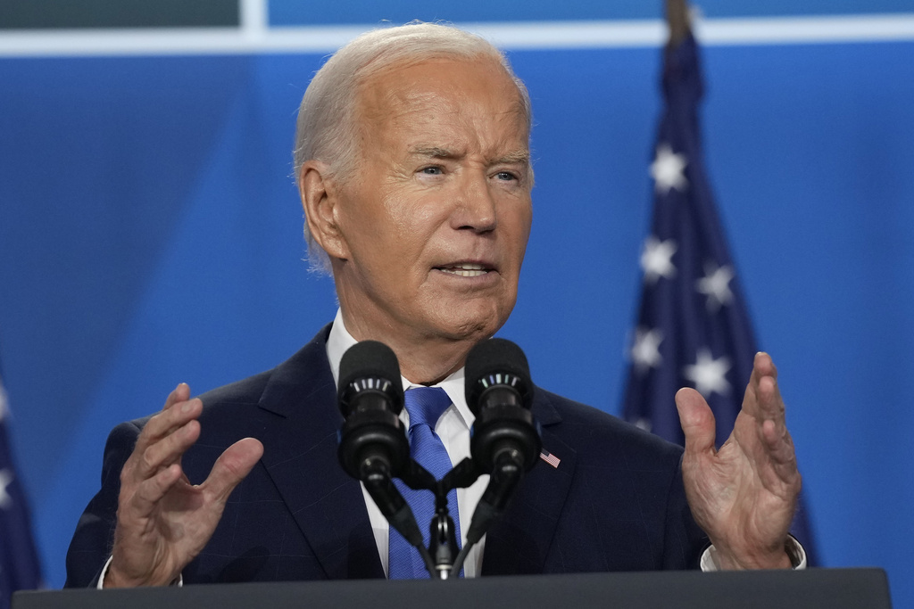 President Joe Biden speaks at a news conference following the NATO Summit in Washington.