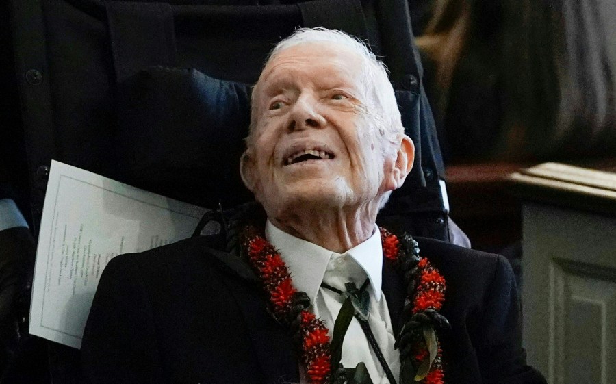 Former President Jimmy Carter departs after the funeral service for former first lady Rosalynn Carter at Maranatha Baptist Church, in Plains, Georgia, on November 29, 2023