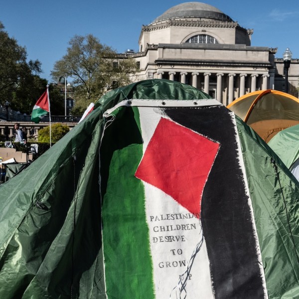 Columbia University students participate in a pro-Palestinian encampment on their campus on April 26, 2024