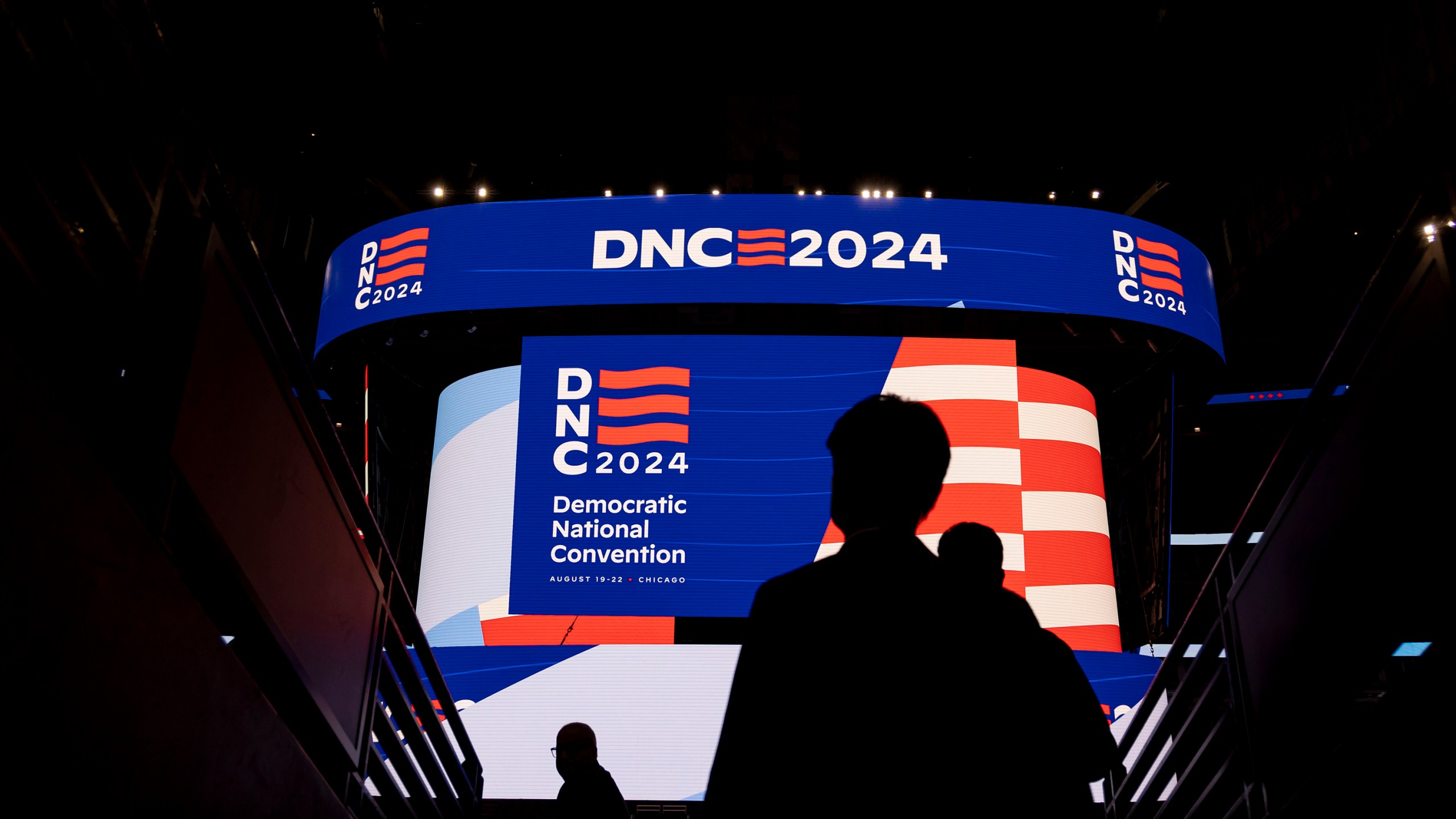 Signage is displayed during a walkthrough of the Democratic National Convention on May 22, 2024.