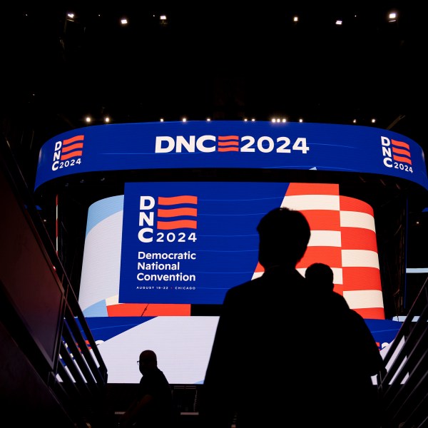 Signage is displayed during a walkthrough of the Democratic National Convention on May 22, 2024.