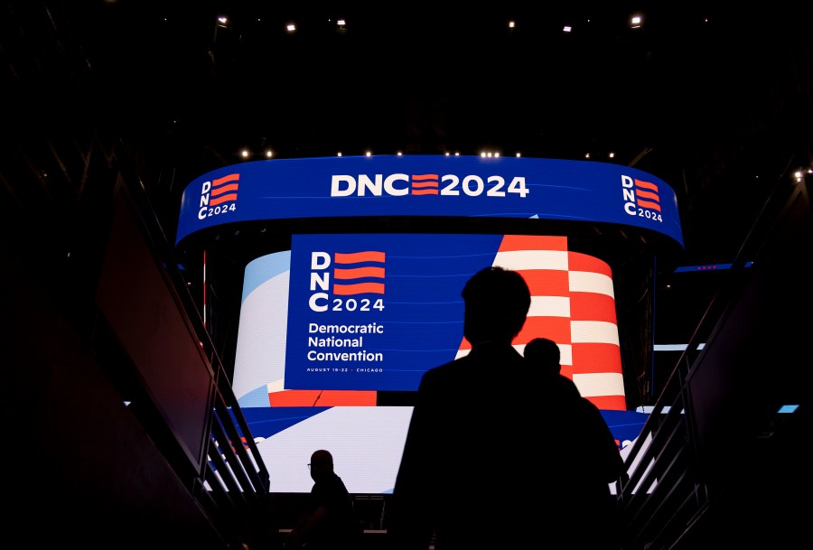 Signage is displayed during a walkthrough of the Democratic National Convention on May 22, 2024.