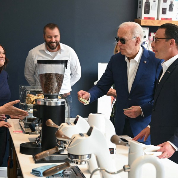 US President Joe Biden and Pennsylvania Governor Josh Shapiro (R) visit a coffee shop in Harrisburg, Pennsylvania.