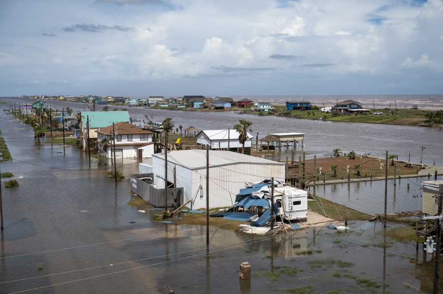 Homes surrounded by flood waters after Hurricane Beryl made landfall in Sargent, Texas, US, on Monday, July 8, 2024.