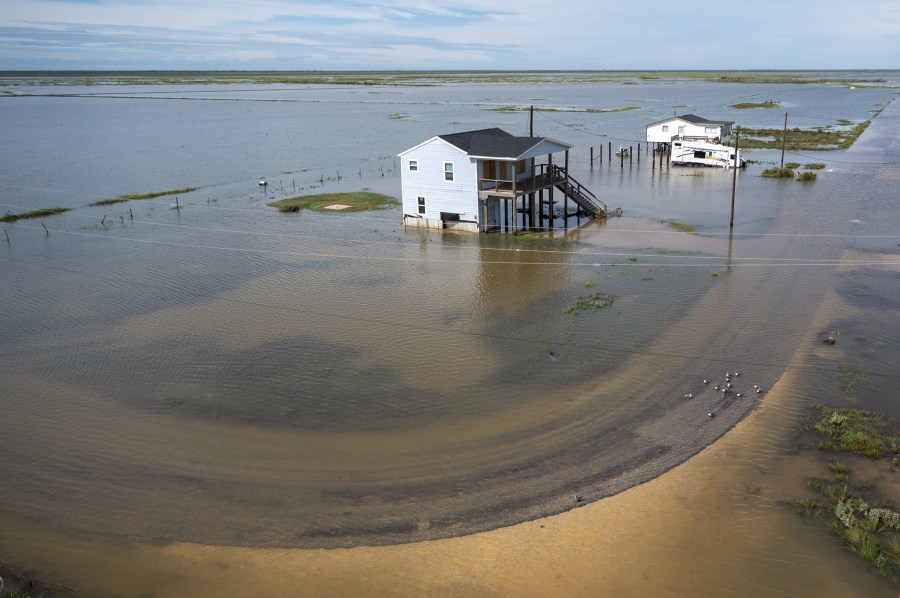 Homes surrounded by flood waters after Hurricane Beryl made landfall in Sargent, Texas, US, on Monday, July 8, 2024.