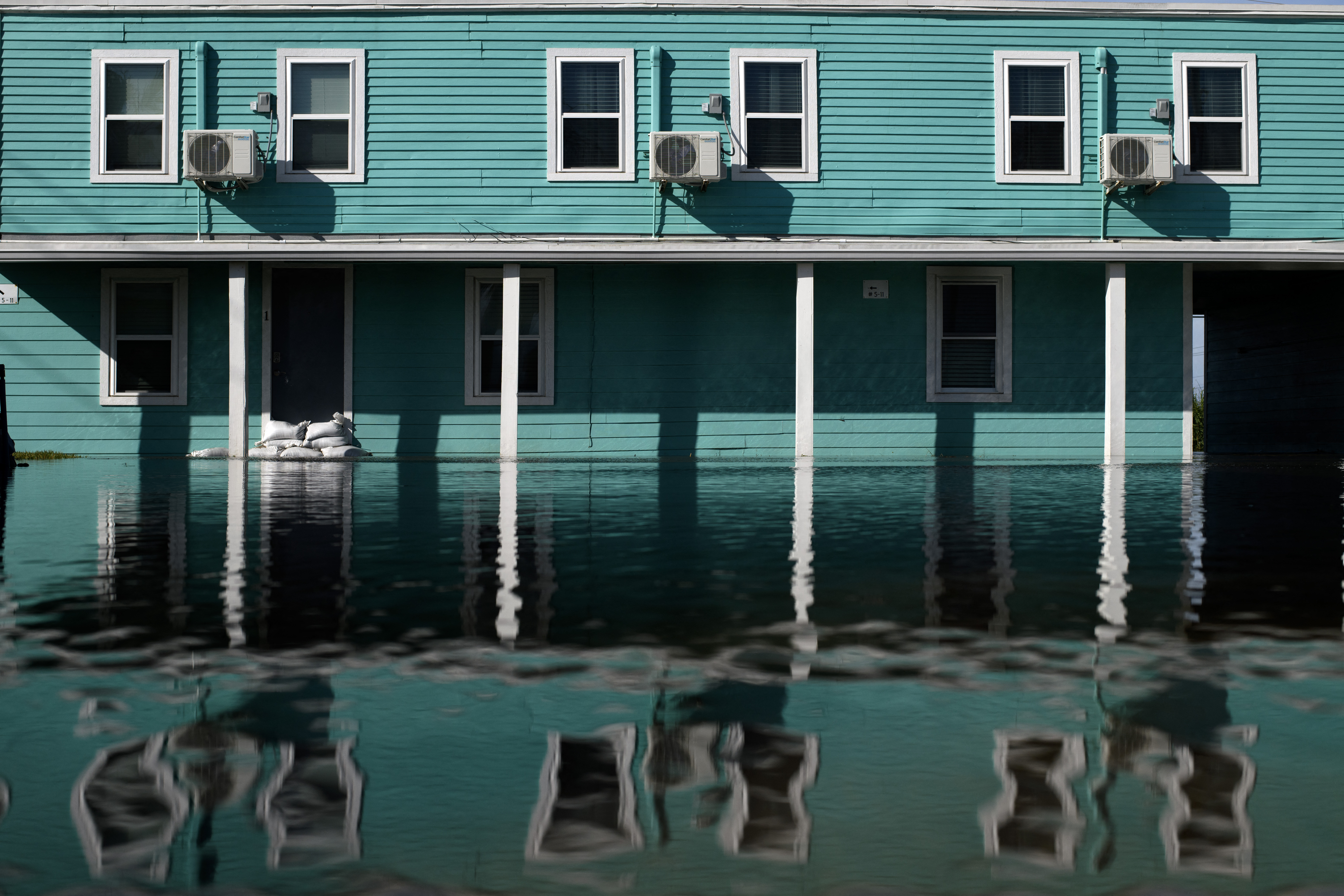 A flooded motel is seen after the passage of Hurricane Beryl in Surfside Beach, Texas, on July 8, 2024.