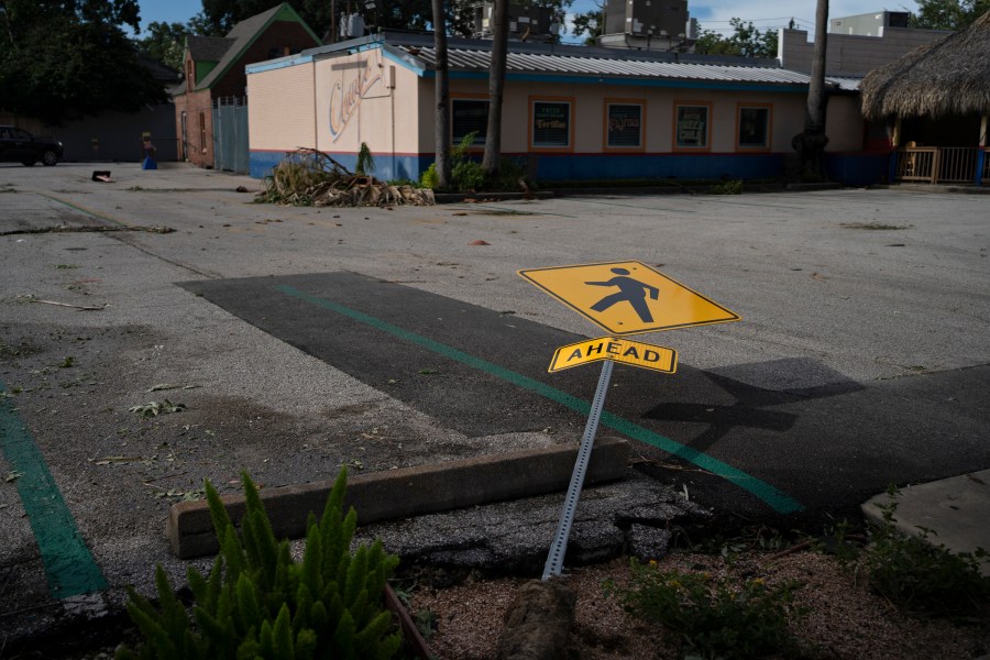 A broken sign in the wake of Hurricane Beryl, a category one hurricane, which made a direct hit on the city of Houston in Texas with 80 miles per hour winds at landfall, leaving more than two million people without power in the Houston area.