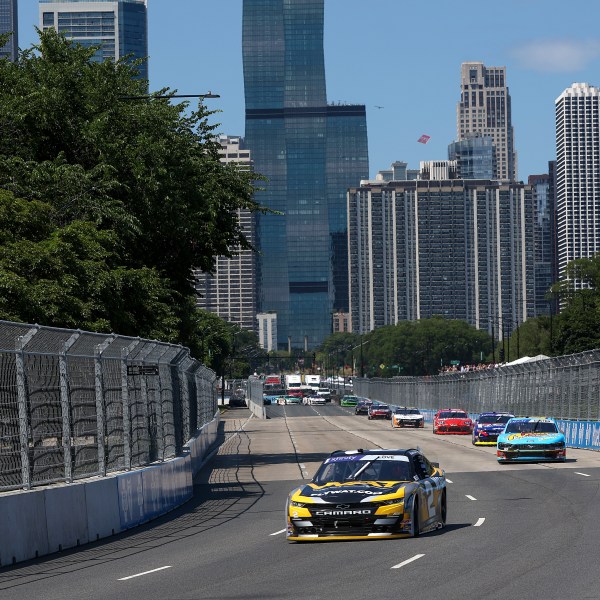 NASCAR drivers weave through the city street course in downtown Chicago during Saturday's Xfinity race.