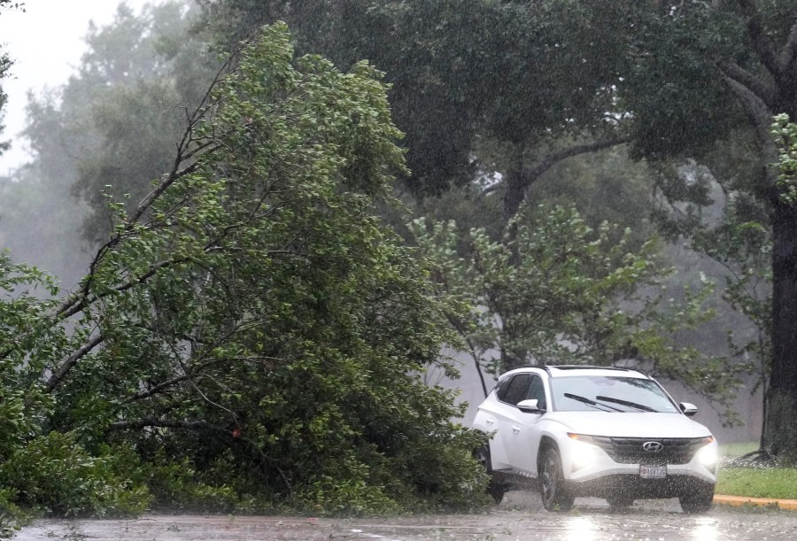 A vehicle maneuvers around a fallen tree on Champion Forest Dr. during Hurricane Beryl Monday, July 8, 2024, in Spring.