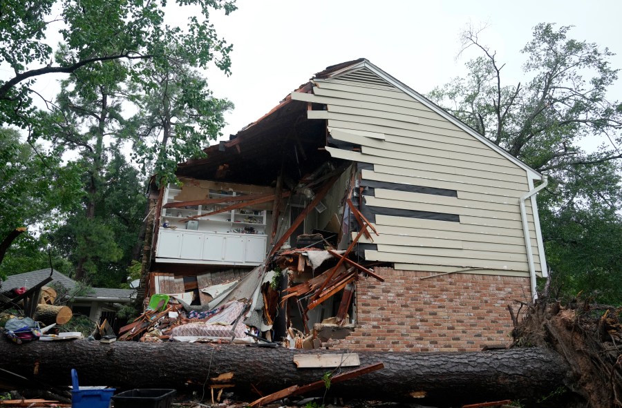 The damage at a home in the 17400 block of Rustic Canyon Trail is shown where Maria Laredo, 74, died after a tree fell on her second story bedroom during Hurricane Beryl Monday, July 8, 2024, in Houston.