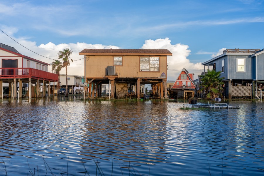 Homes are surrounded in floodwater after Hurricane Beryl swept through the area on July 08, 2024 in Surfside, Texas.