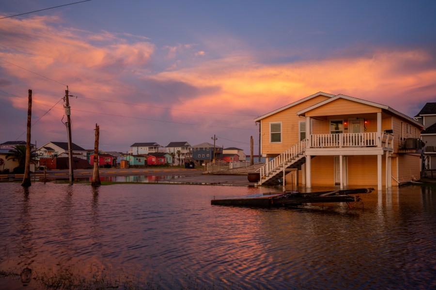 A home is surrounded in floodwater after Hurricane Beryl swept through the area on July 08, 2024 in Surfside, Texas.