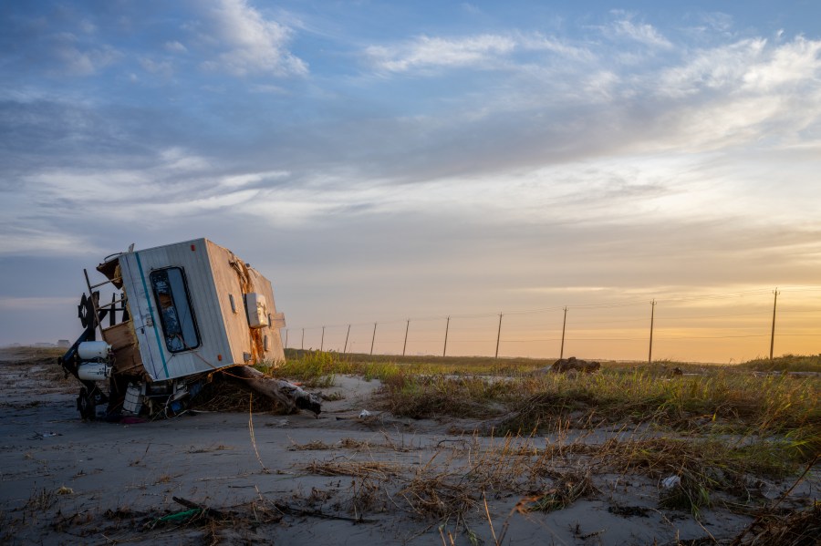 A mobile is collapsed over on shore after Hurricane Beryl swept through the area on July 08, 2024 in Freeport, Texas.