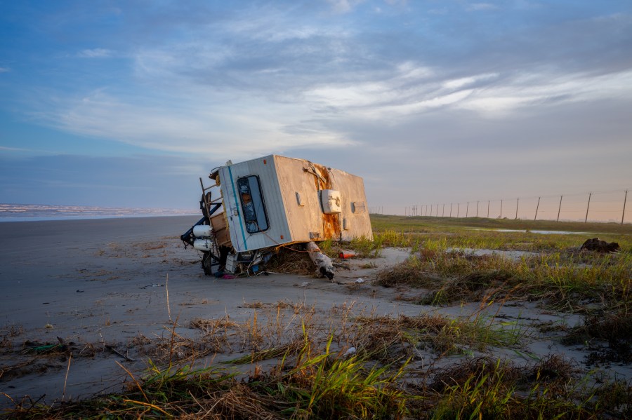 A mobile is collapsed over on shore after Hurricane Beryl swept through the area on July 08, 2024 in Freeport, Texas.