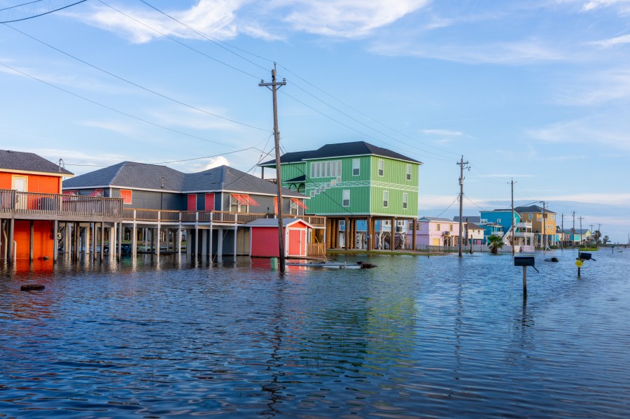 Homes are surrounded in floodwater after Hurricane Beryl swept through the area on July 08, 2024 in Surfside Beach, Texas.