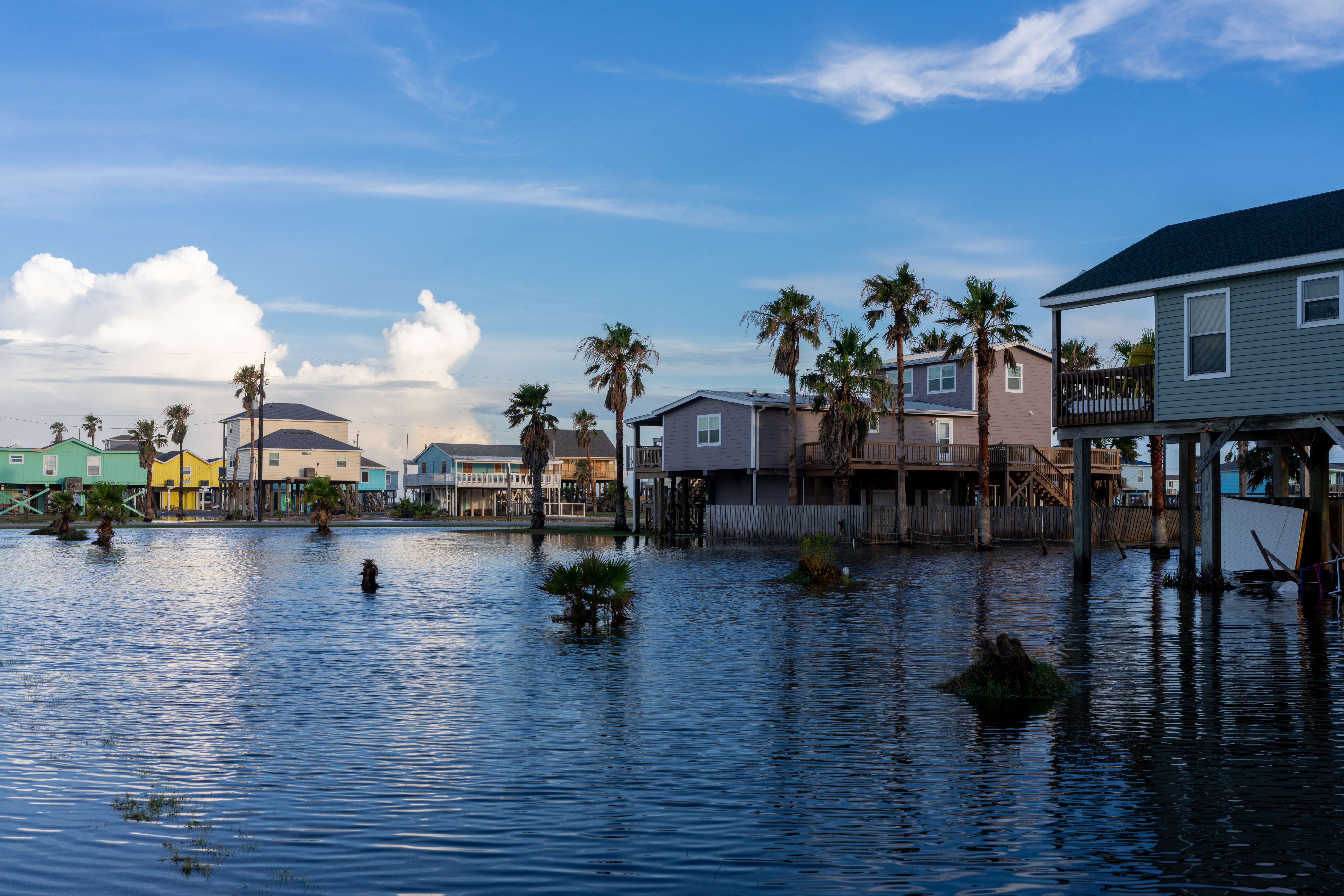 Homes are surrounded in floodwater after Hurricane Beryl swept through the area on July 08, 2024 in Surfside Beach, Texas.