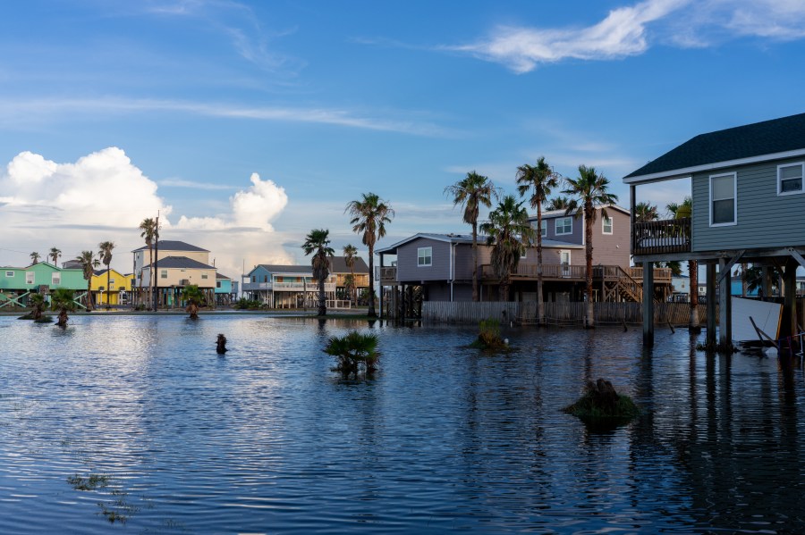 Homes are surrounded in floodwater after Hurricane Beryl swept through the area on July 08, 2024 in Surfside Beach, Texas.