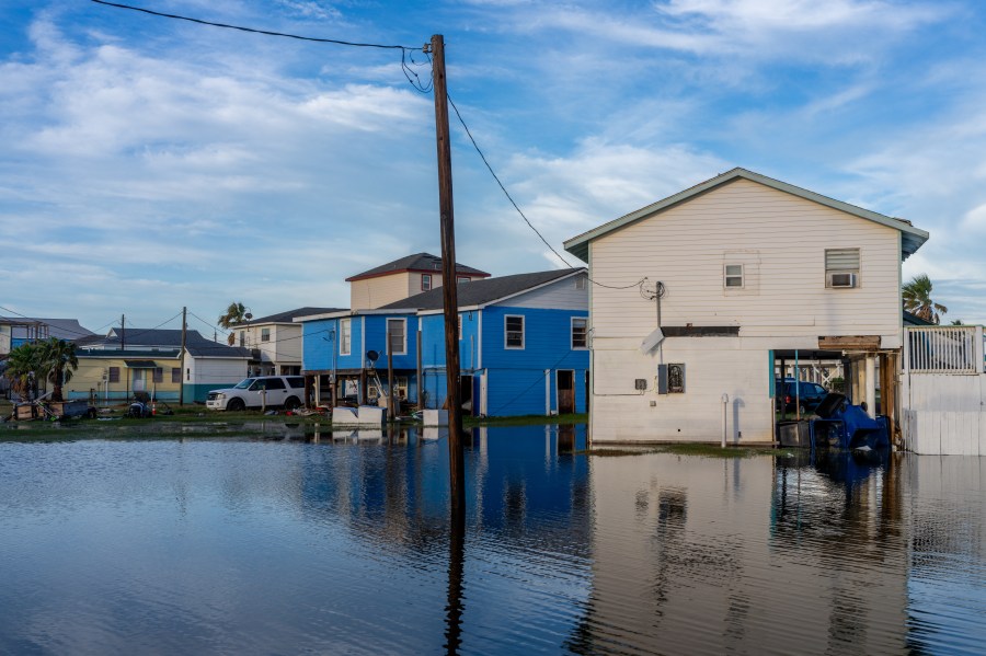 Homes are surrounded in floodwater after Hurricane Beryl swept through the area on July 08, 2024 in Surfside Beach, Texas.