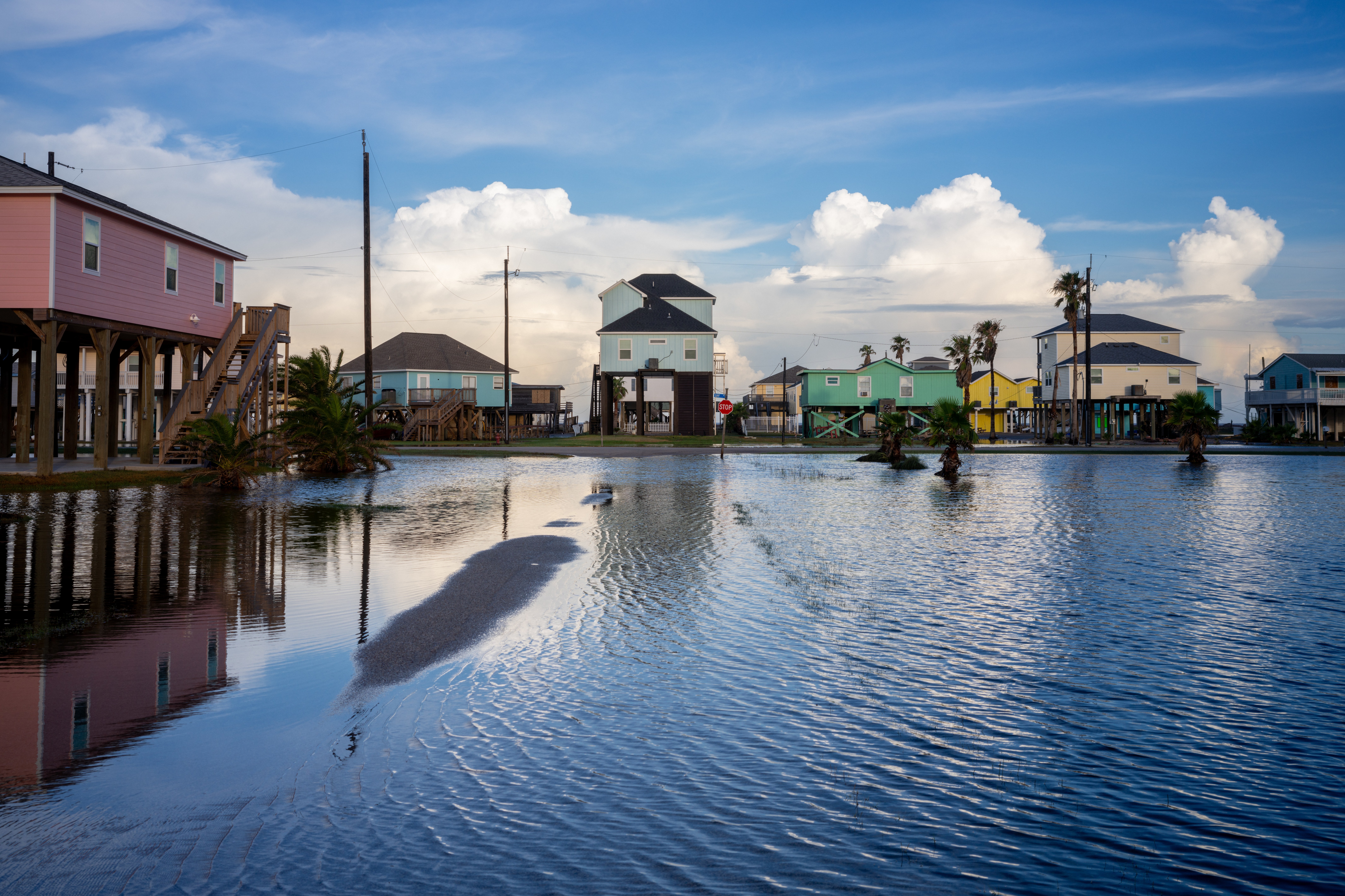 Homes are surrounded in floodwater after Hurricane Beryl swept through the area on July 08, 2024 in Surfside Beach, Texas.