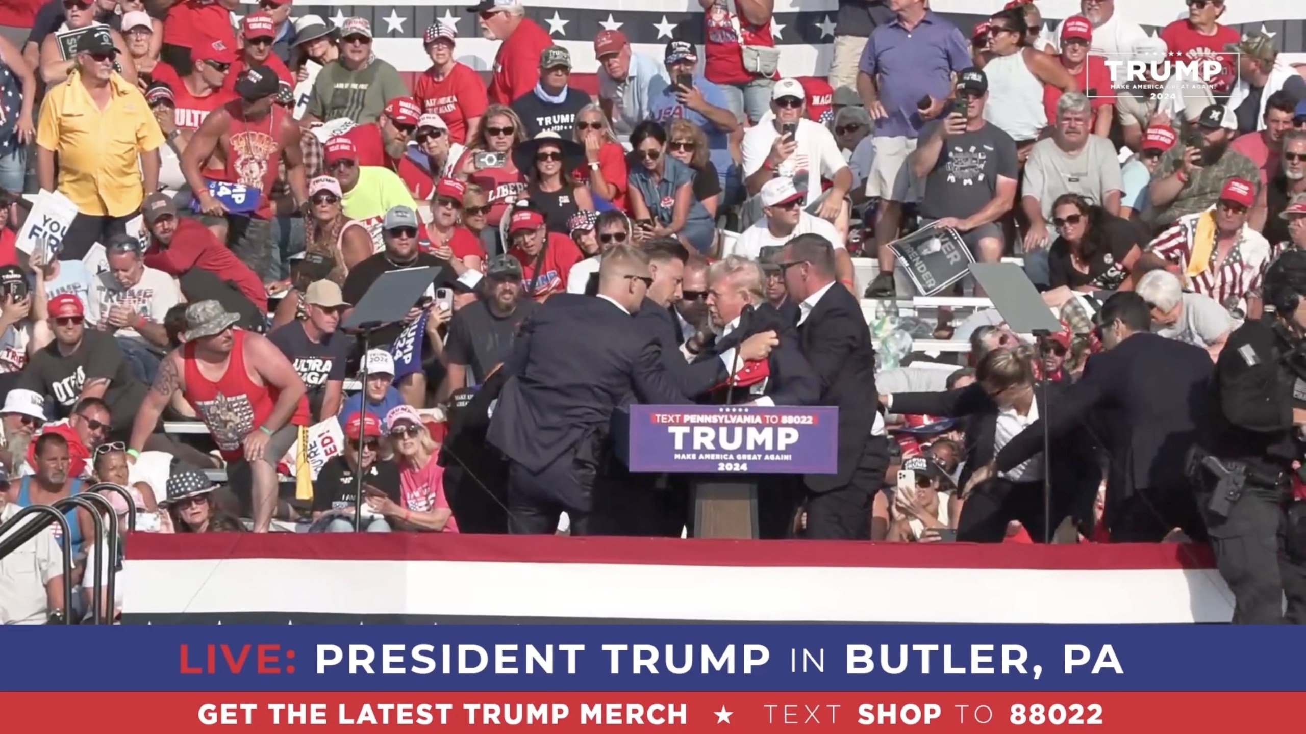 Former President Former President Donald Trump is rushed offstage during a rally on July 13, 2024 in Pennsylvania.