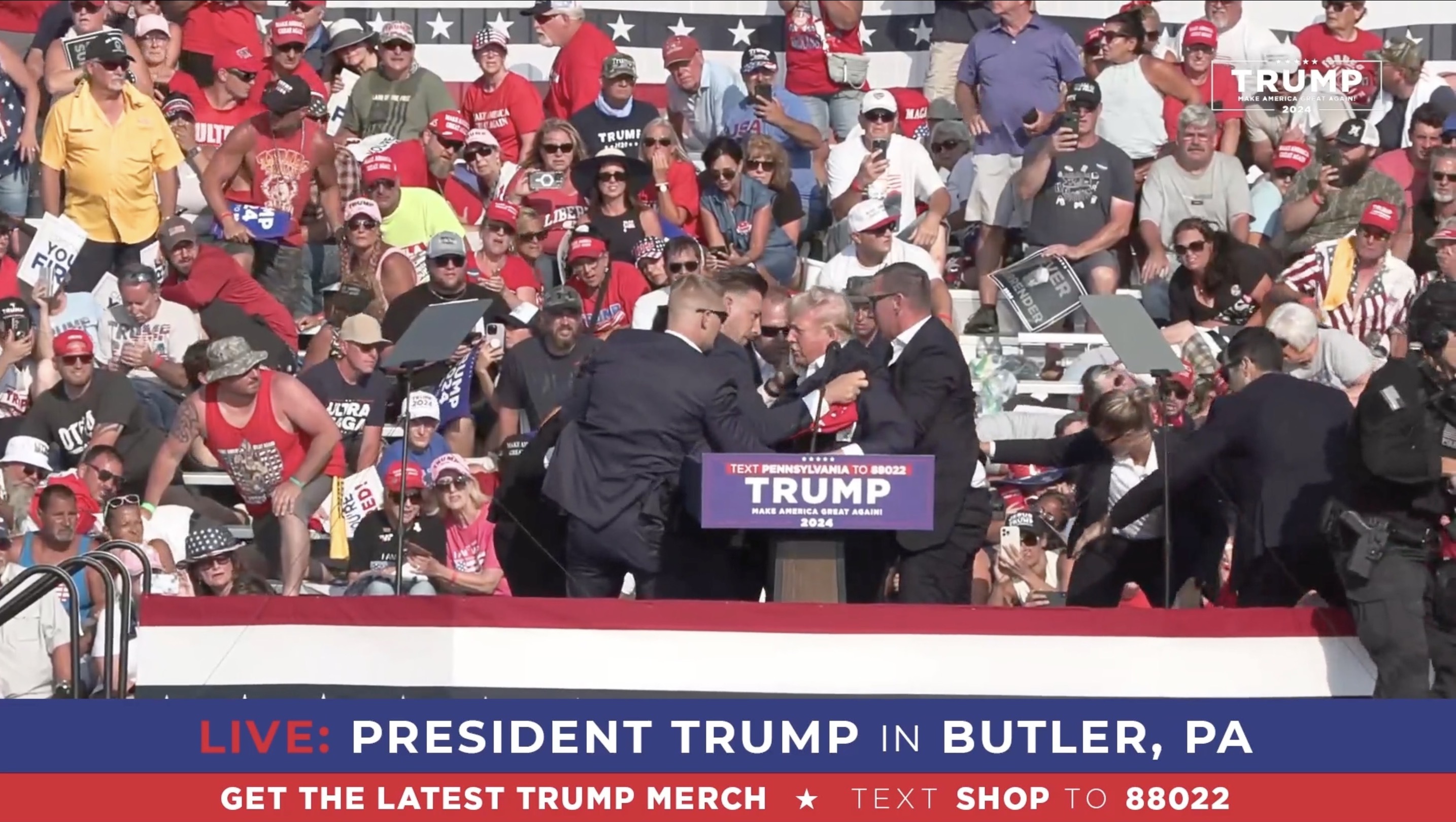 Former President Former President Donald Trump is rushed offstage during a rally on July 13, 2024 in Pennsylvania.