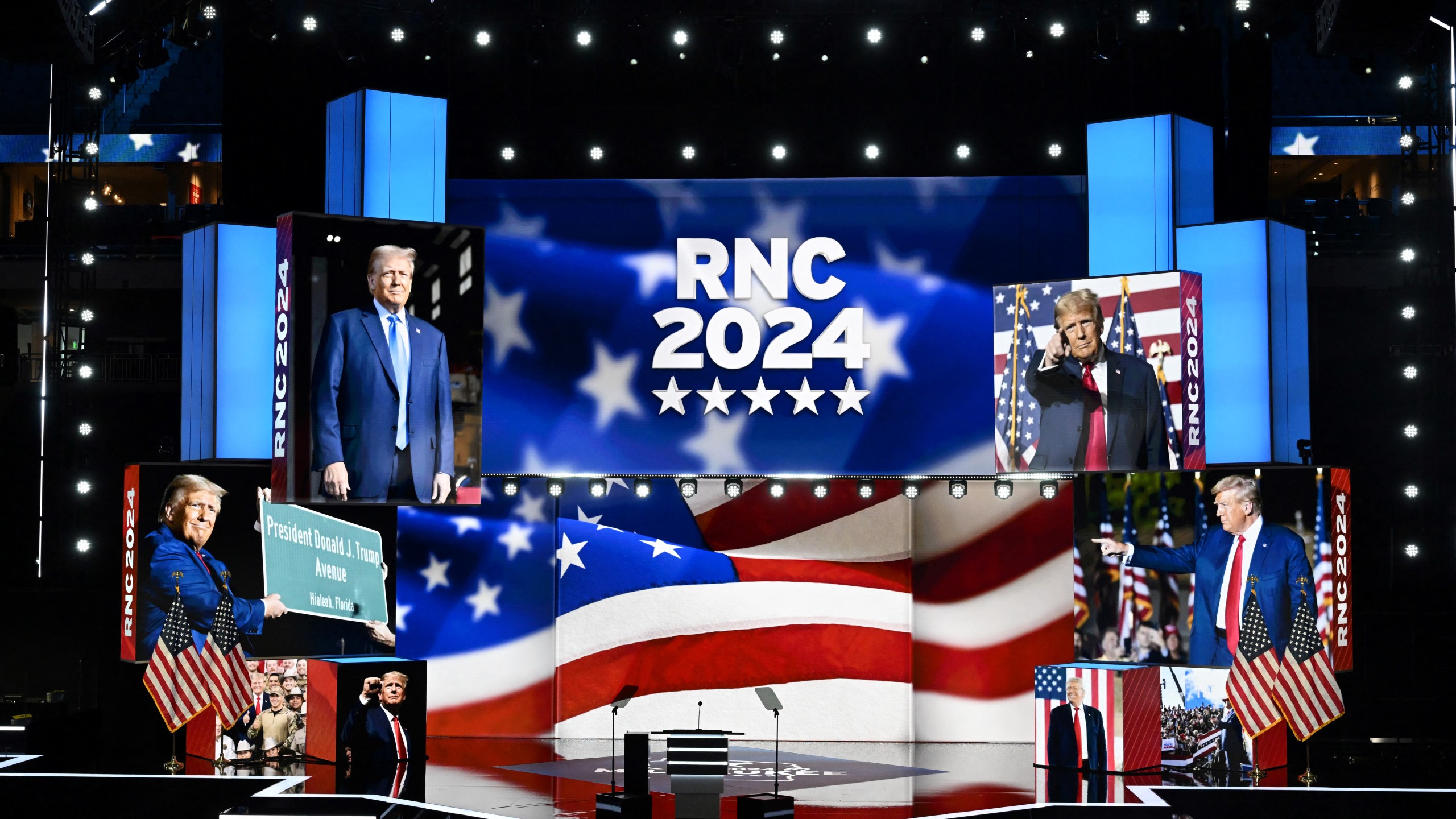 A view of the convention floor before the 2024 Republican National Convention at the Fiserv Forum on July 14, 2024 in Milwaukee, Wisconsin.