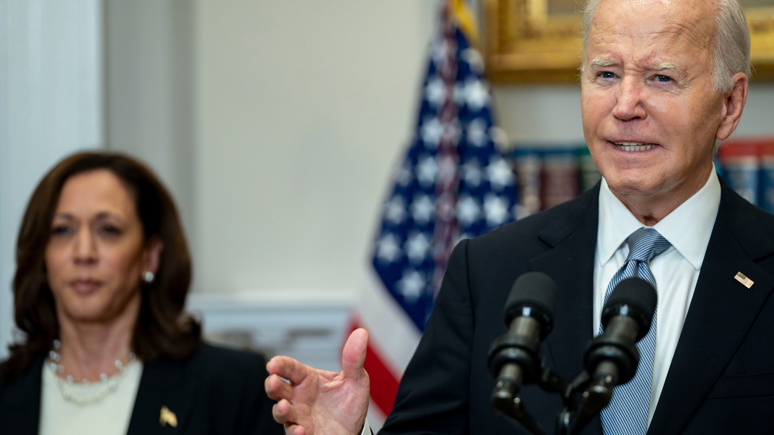 US Vice President Kamala Harris, left, and President Joe Biden in the Roosevelt Room of the White House.