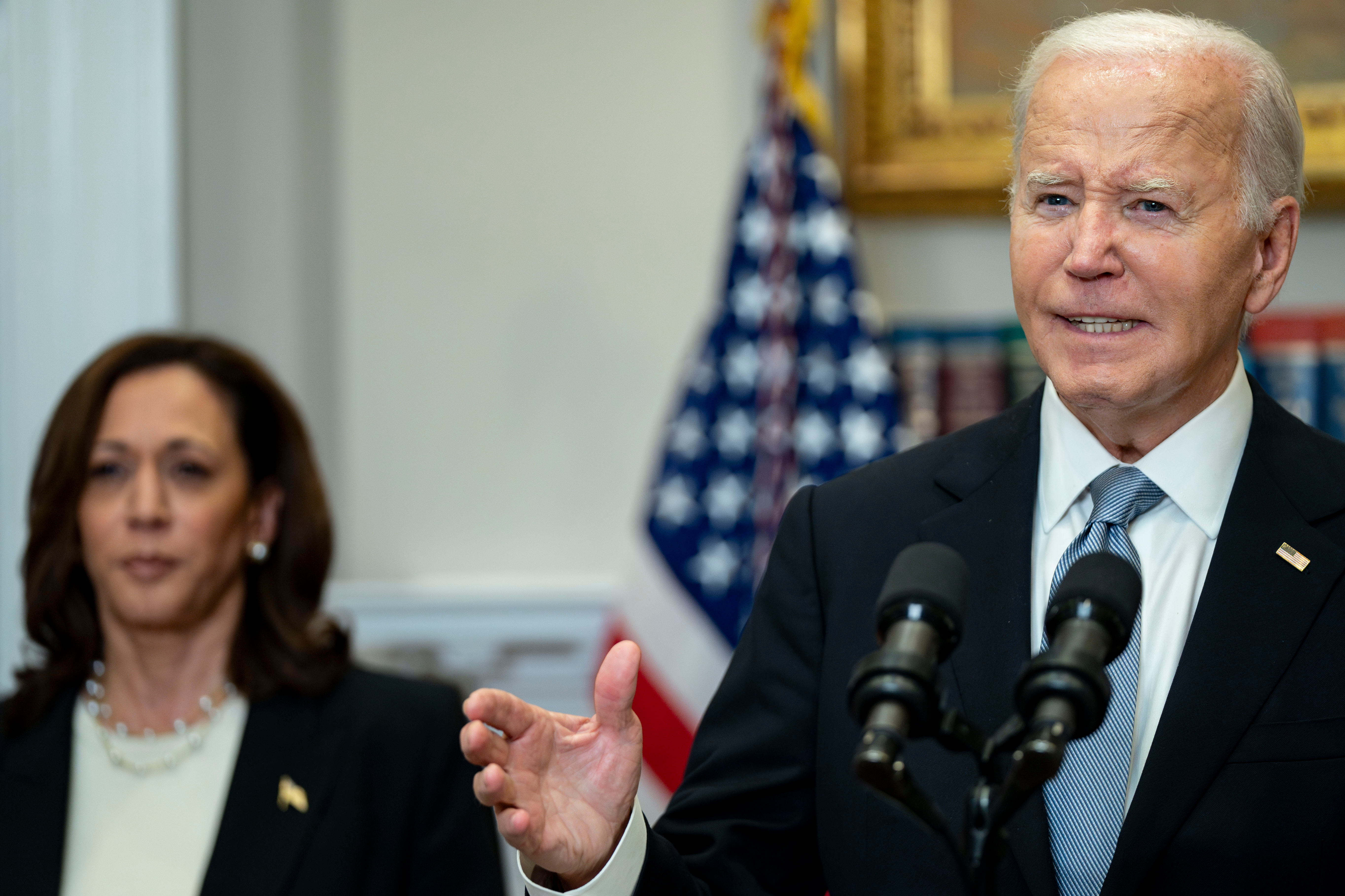 US Vice President Kamala Harris, left, and President Joe Biden in the Roosevelt Room of the White House.