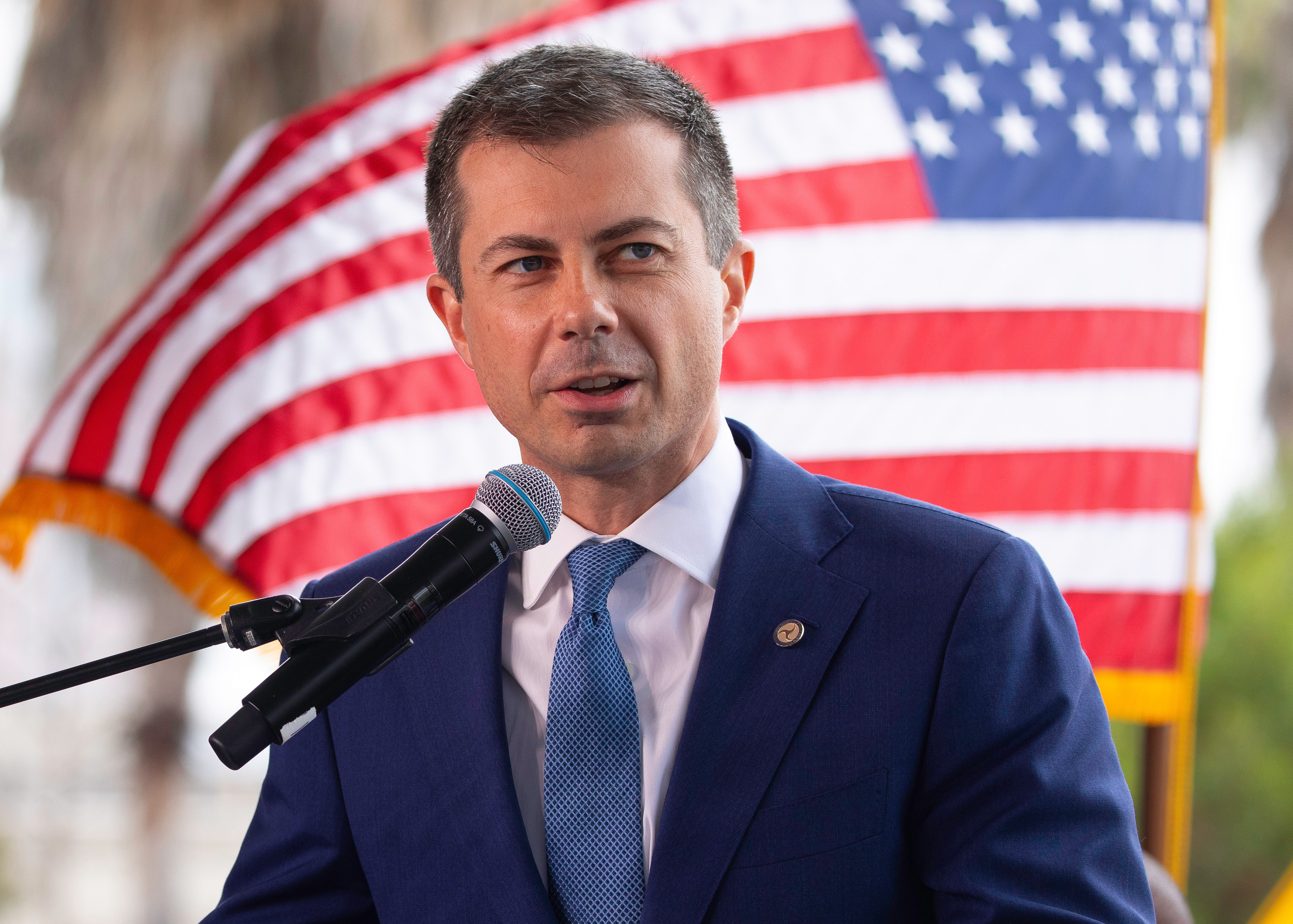 Pete Buttigieg, US secretary of transportation, speaks during a news conference in Long Beach, California, US, on Thursday, July 18, 2024. The Pier B on-dock rail project, which is expected to be the largest rail facility of any port in the US, will serve the Ports of Long Beach and Los Angeles. Photographer: Tim Rue/Bloomberg via Getty Images